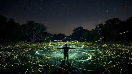 Person Standing in Field of Fireflies at Night.
