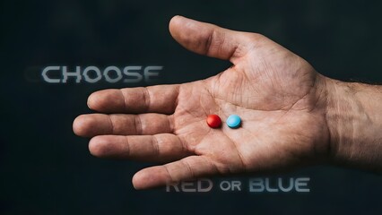 Hand Holding Red and Blue Pills Dilemma.