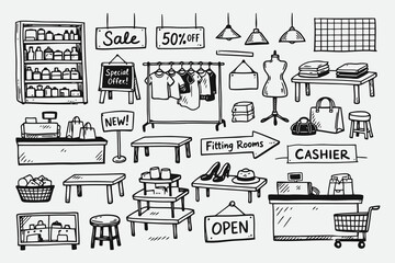 Fototapeta premium Hand Drawn Store Interior Elements for Retail Sketch Style Vector Illustrations