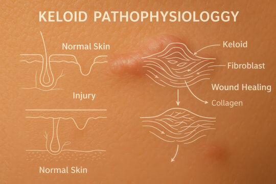 Medical dermatology poster showing keloid pathophysiology. detailed diagram of skin scar formation, showing process from wound healing to extensive fibrosis. An educational anatomy illustration