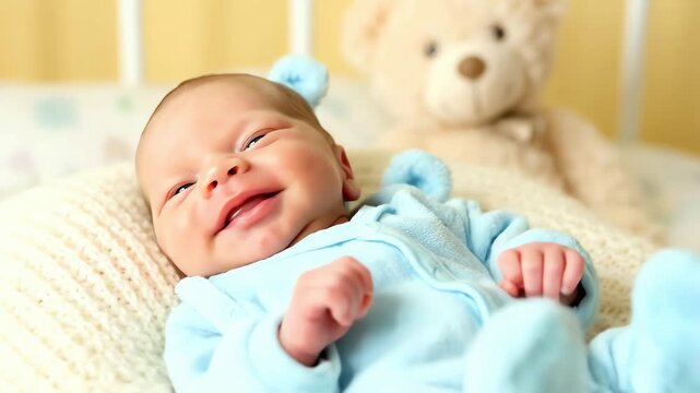 A heartwarming close-up of a cute smiling newborn baby boy in a blue sleeper lying in his crib with a teddy bear.