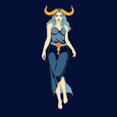 A cute girl in a long dress with golden bull horns on her head. Taurus zodiac sign. Vector illustration.