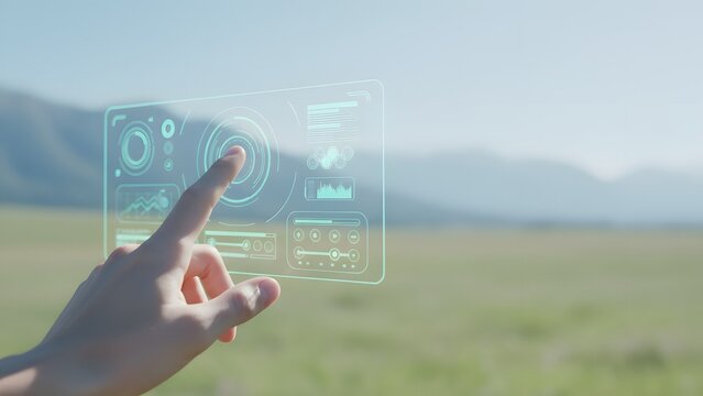 Hand Interacting with Virtual Interface Outdoors. - Powered by Adobe