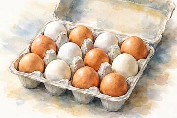 Wholesome watercolor painting of food carton holding brown and white egg. rustic illustration of fresh ingredient, perfect for breakfast and cooking concepts