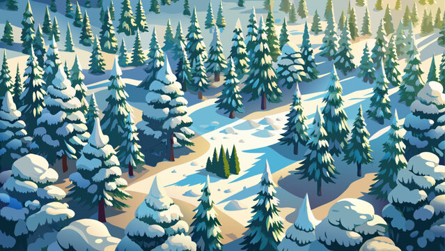 Drone view of dense evergreen forest in Lithuania after a winter blizzard, with snow-covered pine trees forming a dramatic white landscape captured from above