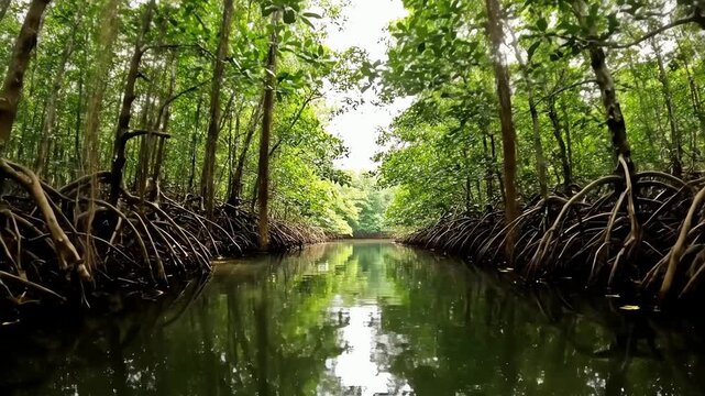 First Person View Paddling a Boat Through a Serene Mangrove Forest River