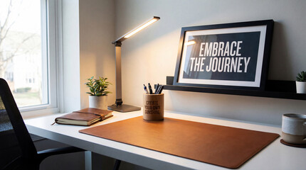 A well-appointed home office desk with motivational decor and efficient lighting