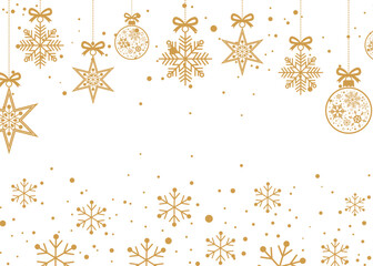 Elegant gold Christmas background with hanging snowflakes, stars and ornaments on white, minimalist festive border design ideal for holiday greeting cards, invitations, banners and seasonal winter pro