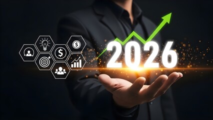 Businessman in a suit presenting a glowing 2026 projection with a green upward arrow and business icons on his palm against a dark background.