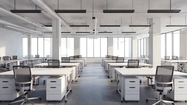 Modern open plan office interior with desks and ergonomic chairs, bright natural light