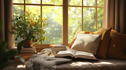 Cozy Reading Nook with Books and Soft Blanket in Warm Natural Sunlight