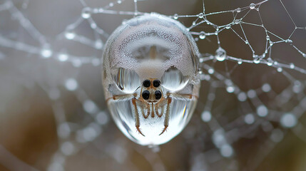 Macro Shot of Raindrop on Spider web Reflecting a Tiny Spider within