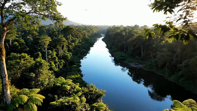 Breathtaking Aerial Journey Over a Tropical Rainforest River with a Proboscis Monkey and Birds at Sunrise