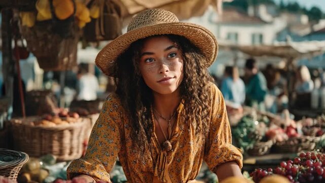 A young woman helping her grandmother choose fruit at a farmers' market on a sunny morning