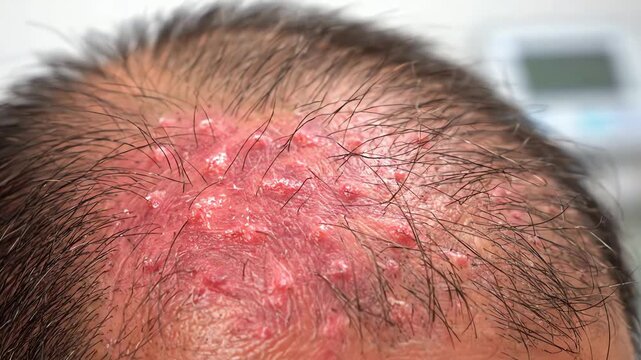 A detailed close-up view of an inflamed scalp with numerous pustules a severe dermatological issue