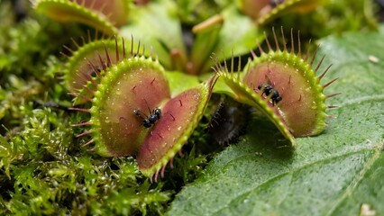 Venus Flytrap Plant with Prey Closeup.