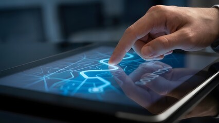 Person Interacting with Digital Interface on Tablet.