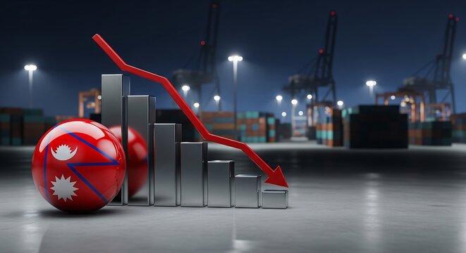 Nepal economy decline graph with flag balls at shipping port - Powered by Adobe