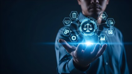 A man in a blue shirt presenting a glowing scale icon surrounded by various symbols with his hand against a dark background with a futuristic and technological mood.