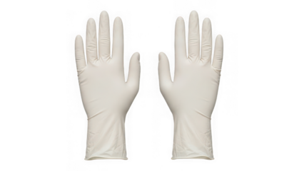 Pair of white disposable latex or nitrile examination gloves isolated on transparent background