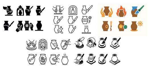 Pottery icon set: crafting, painting, and firing