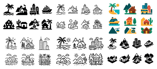 Naklejka premium Assorted travel icons set with landscapes and transport