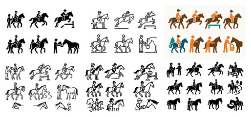 Equestrian icons: riding, jumping, horse care illustrations