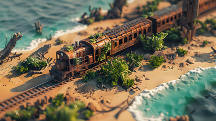 3d Isometric low poly clay style long abandoned