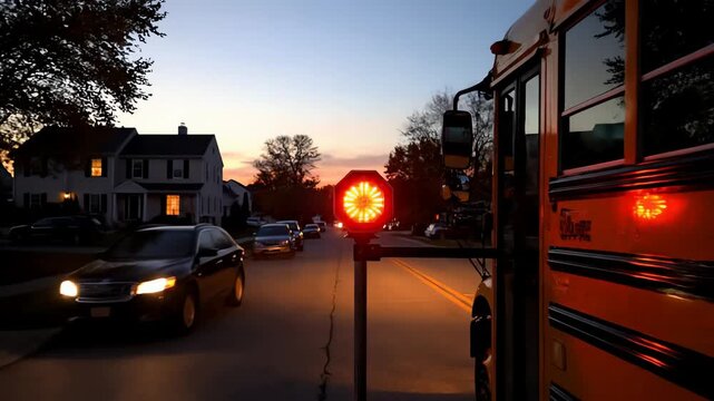 Yellow school bus with an extended flashing red stop sign on a suburban street during sunset.