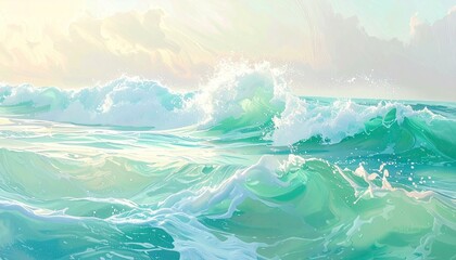 Turquoise ocean waves crash under a pastel sky