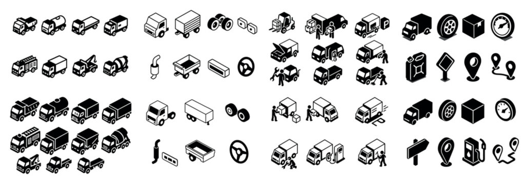 Isometric vehicle and location icon set in black and white