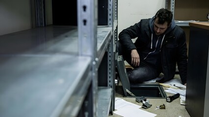 Man Working on Laptop in Storage Room.
