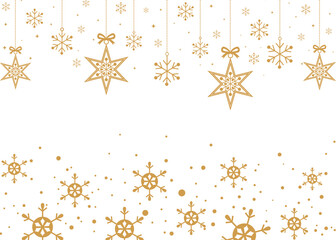 Fototapeta premium Elegant gold Christmas background with hanging snowflakes, stars and ornaments on white, minimalist festive border design ideal for holiday greeting cards, invitations, banners and seasonal winter pro