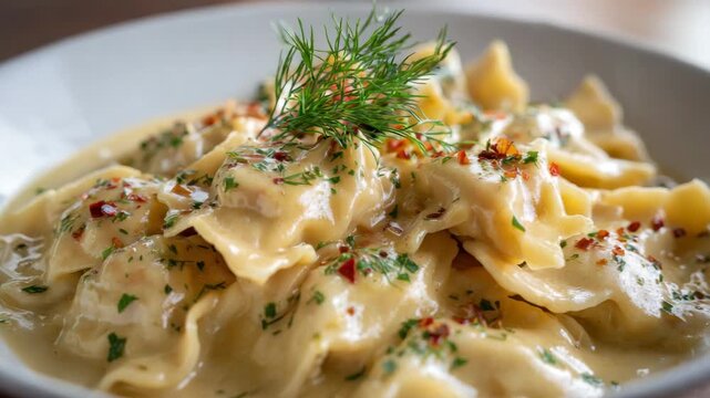 Creamy Beige Tortellini Dish Garnished with Dill and Chili Flakes Presented in a White Bowl with Soft Natural Lighting and a Detailed Focus on the Textured Surface