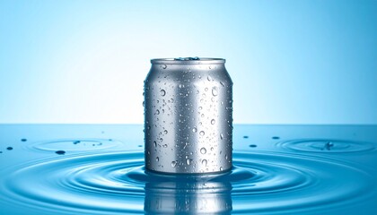 Metallic beverage can with condensation, tilted and partially submerged in water, ripples forming, light blue gradient.