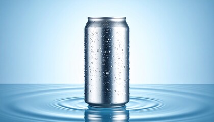 Metallic beverage can with condensation, tilted and partially submerged in water, ripples forming, light blue gradient.