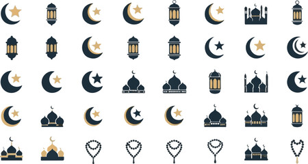 Big Set of Islamic Religious Icons featuring Mosque Silhouette Crescent Moon Lantern and Tasbih Beads for Ramadan Backgrounds