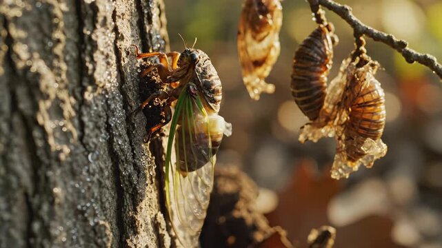 Cicada Emerges From Tree Bark After Subterranean Slumber