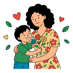 Happy Mothers Day illustration of loving mother and child hugging with flowers, cute family bonding moment, emotional parenting concept artwork. flat vector illustration