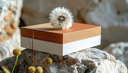 A fluffy dandelion sits atop a two-tone box, perched on a rock