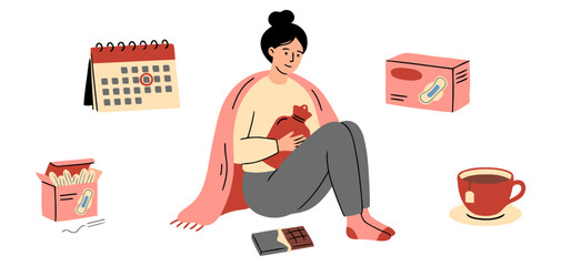 Woman experiencing menstrual period discomfort while resting with heating pad, sanitary products, calendar and tea for pain relief concept. flat vector illustration