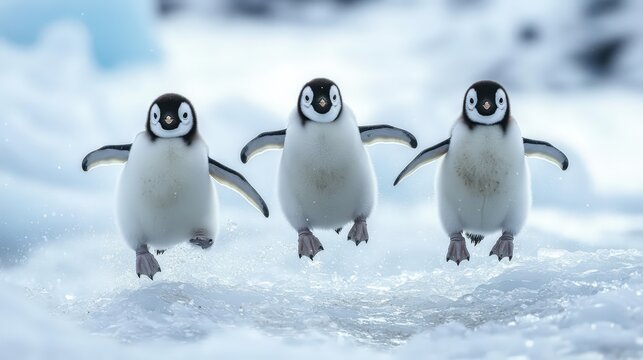 three penguins walk through a snow covered pool.