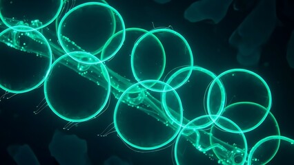 Abstract digital illustration of glowing teal circles interconnected by luminous particles on a dark background, representing data flow or energy.
