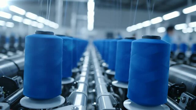 Industrial textile factory with rows of blue thread spools on automated machinery close-up