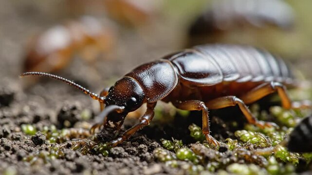 Earwig meticulously cleaning antennae on forest floor