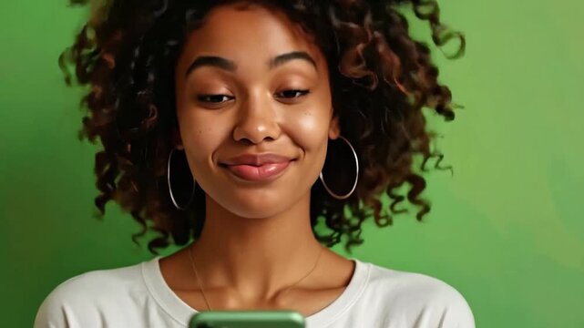 Happy Young Woman Engaged with Smartphone on Green Background.