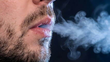 Man Exhaling Smoke from Mouth Closeup.