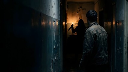 Man Standing in Dark Corridor Looking Inside Room.