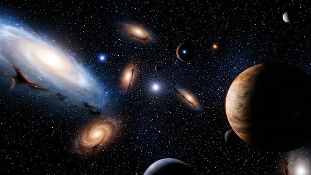 Journey through a vast cosmic galaxy filled with stars nebulae and distant planets