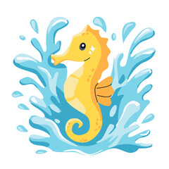 Vector illustration of a yellow seahorse with oucean wave and drops. Sea animal. Underwater life.  © Peviotadesign